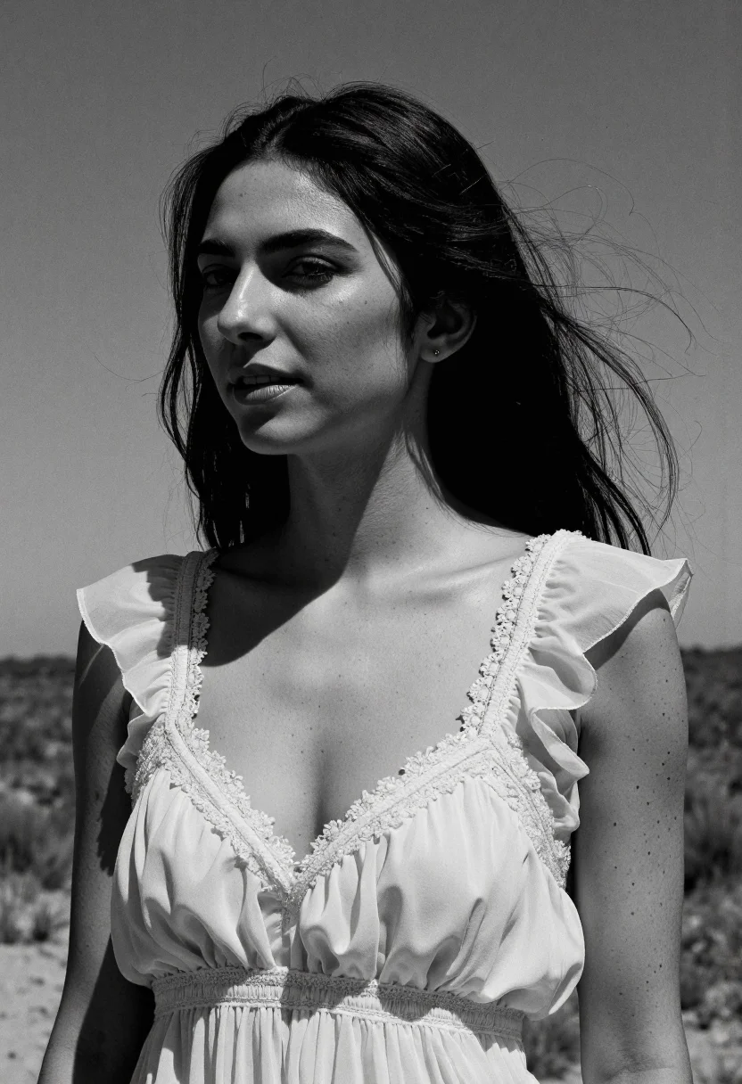<lora:cascina-caradonna-lora:1>,cc woman, smile, ,dressed in a romantic chiffon dress with an empire waist and delicate ruffles,sighing deeply,Clear desert sky,Monochrome Black and white contrast tone texture detailed,Fomapan 400,key light,Astrophotography,Natural Sunlight