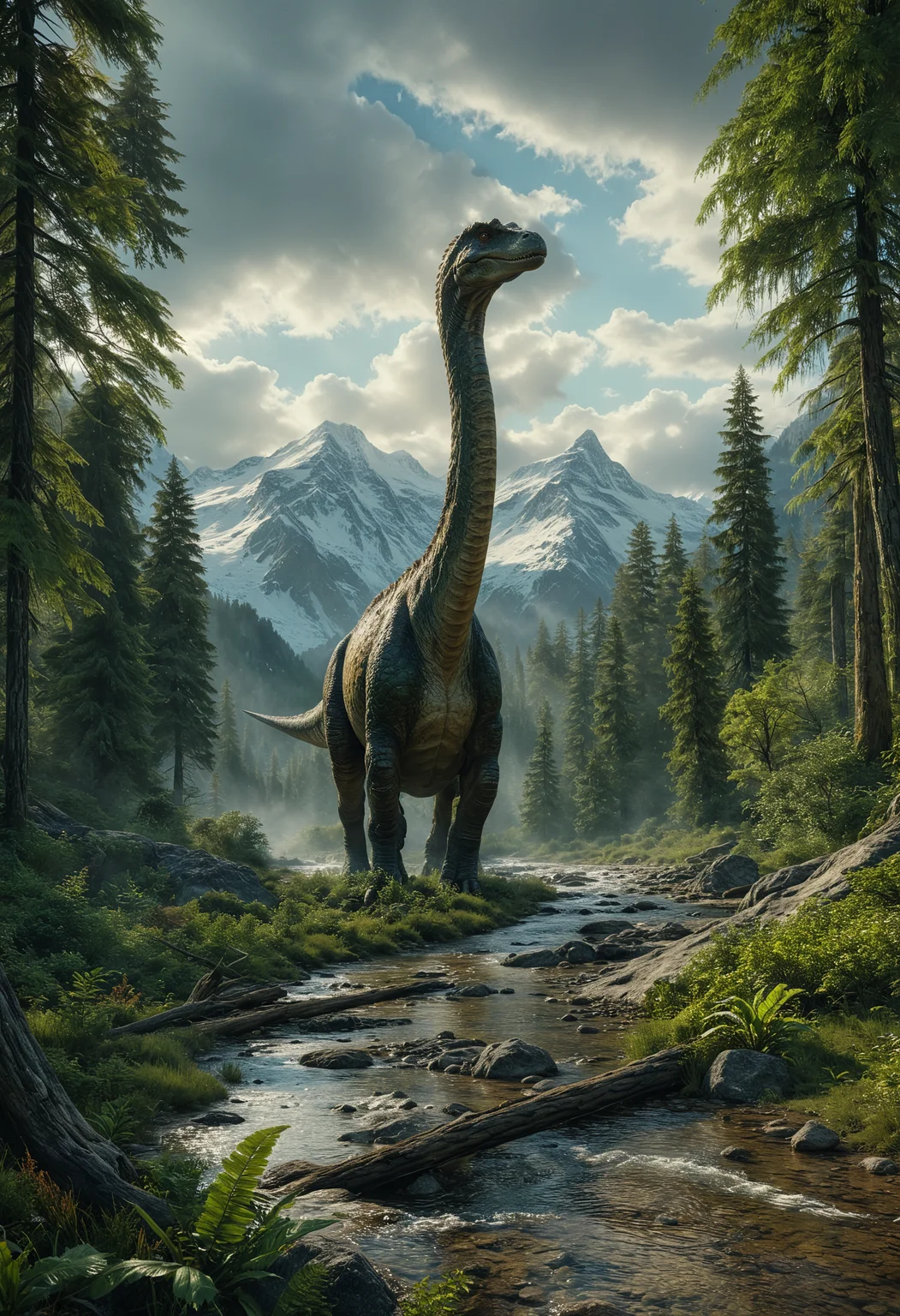 A serene forest scene, a colossal and gigantic long-necked dinosaur standing in a shallow stream, the dinosaur has a graceful towering neck and a curious expression, The surrounding landscape includes lush greenery and tall trees and a backdrop of majestic snow-capped mountains under a partly cloudy sky, tranquility and prehistoric wonder, insane details, <lora:MJ52:0.4>, <lora:SDXLFaeTastic2400:0.4>, <lora:add-detail-xl:1>, <lora:volumetric lighting:0.6>, <lora:zavy-cntrst-sdxl:0.5>, <lora:CinematicStyle_v1:0.5>