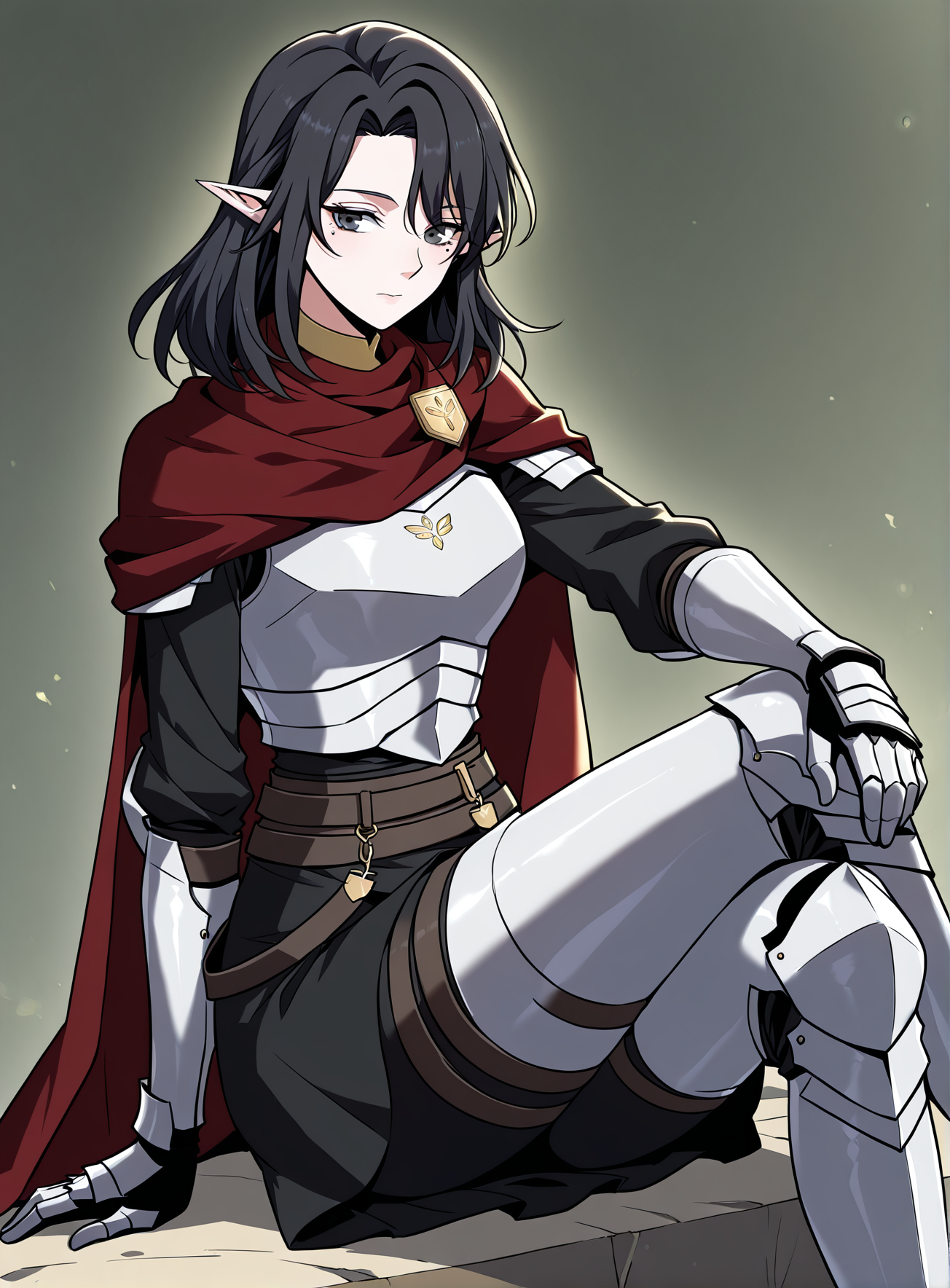 <lora:Aya_Grephin__The_Beginning_After_the_End__Illustrious:1>
1 girl, solo, female elf, medium length black hair, pointed ears, mole under left eye, black eyes, 
dark red cape, red scarf, golden crest, white chest armor, silver gauntlets, armored gloves, black undershirt, dark skirt armor, waist belts, thigh armor, armored boots, cloak fluttering, fantasy knight outfit, fantasy style
(Anime_source),Masterpiece,(perfect female body:1.2), small waist,(incredibly detailed:1.4), slim, looking at viewer, sitting, crossed legs,