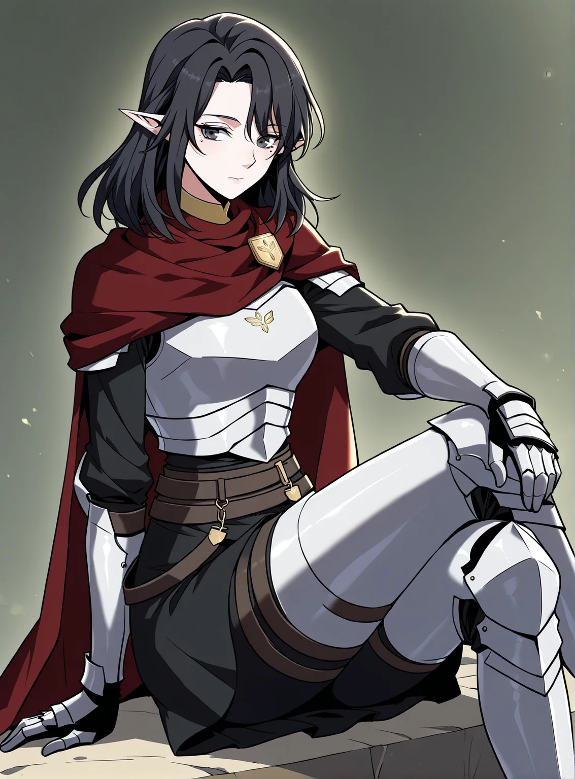 <lora:Aya_Grephin__The_Beginning_After_the_End__Illustrious:1>
1 girl, solo, female elf, medium length black hair, pointed ears, mole under left eye, black eyes,
dark red cape, red scarf, golden crest, white chest armor, silver gauntlets, armored gloves, black undershirt, dark skirt armor, waist belts, thigh armor, armored boots, cloak fluttering, fantasy knight outfit, fantasy style
(Anime_source),Masterpiece,(perfect female body:1.2), small waist,(incredibly detailed:1.4), slim, looking at viewer, sitting, crossed legs,