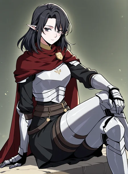 <lora:Aya_Grephin__The_Beginning_After_the_End__Illustrious:1>
1 girl, solo, female elf, medium length black hair, pointed ears, mole under left eye, black eyes,
dark red cape, red scarf, golden crest, white chest armor, silver gauntlets, armored gloves, black undershirt, dark skirt armor, waist belts, thigh armor, armored boots, cloak fluttering, fantasy knight outfit, fantasy style
(Anime_source),Masterpiece,(perfect female body:1.2), small waist,(incredibly detailed:1.4), slim, looking at viewer, sitting, crossed legs,