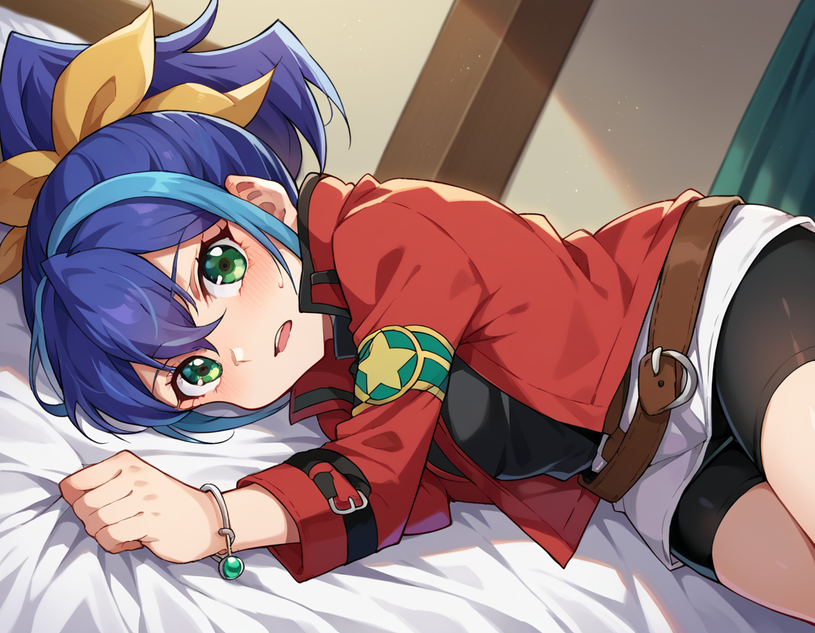 score_9, score_8_up, score_7_up, source_anime,
yugiohserena, <lora:yugioh-serena-ponyxl-lora-nochekaiser:1>,
yugioh serena, blue hair, multicolored hair, ponytail, two-tone hair, green eyes, hair bow, ribbon,
belt, bike shorts, bow, bracelet, jacket, jewelry,
indoors, bed, bed room, on side, blush, drunk,
looking at viewer, cowboy shot, dutch angle,