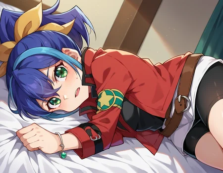score_9, score_8_up, score_7_up, source_anime,
yugiohserena, <lora:yugioh-serena-ponyxl-lora-nochekaiser:1>,
yugioh serena, blue hair, multicolored hair, ponytail, two-tone hair, green eyes, hair bow, ribbon,
belt, bike shorts, bow, bracelet, jacket, jewelry,
indoors, bed, bed room, on side, blush, drunk,
looking at viewer, cowboy shot, dutch angle,