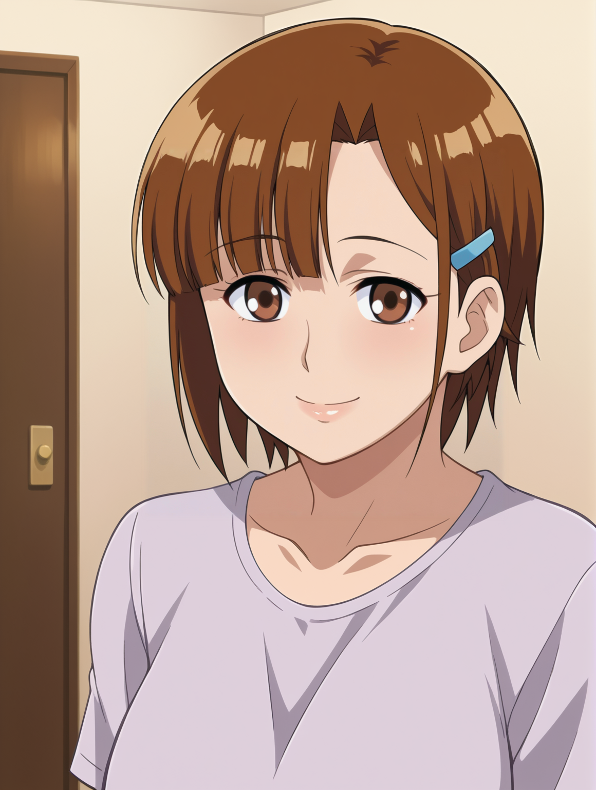 <lora:Kanako_Agahara-Hitozuma_Koukan_Nikki:0.8>,Kanako,mature female,1girl,solo,brown hair,short hair,brown eyes,hairclip,breasts,shirt,upper body,looking at viewer,smile,indoors