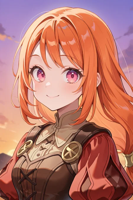 <lora:MonicaIL:0.8> , MoniDef, 1girl, pink eyes, long hair, orange hair, low-tied long hair, juliet sleeves, shoulder pads, patchwork clothes, layered dress, beige shirt, metal clasps, corset, brown corset, red juliet sleeves, facing left, ((face, close-up)), portrait, smile, evening, looking at viewer, masterpiece, very aesthetic, absurdres, best quality, amazing quality, high resolution, detailed background, <lora:illustrious_quality_modifiers_masterpieces_v1:0.8> , <lora:ChamIllustriousBackgroundEnhancer:0.5>,