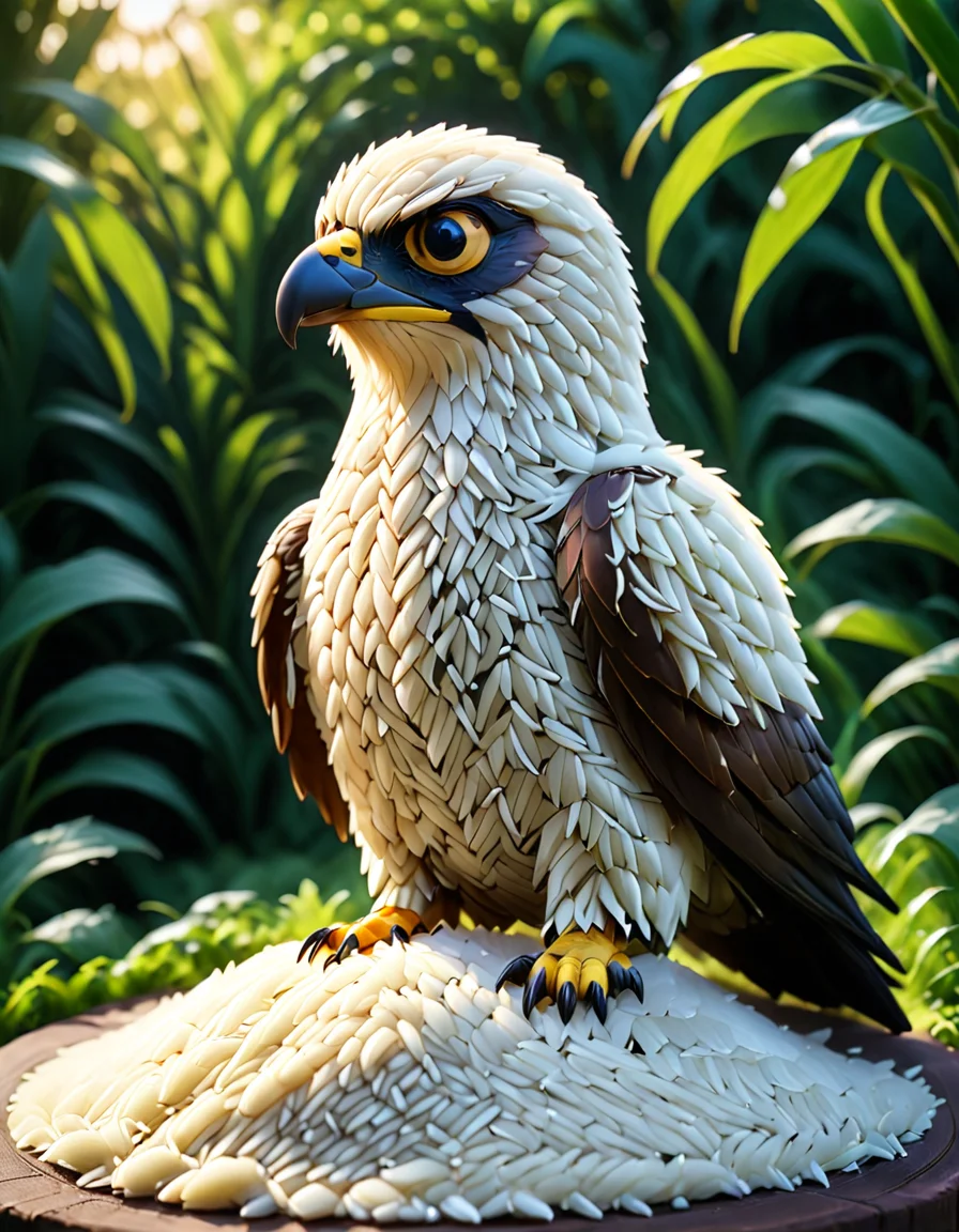 A Falcon made out of rice grains in a garden background. r1c3m0rph <lora:Rice_Grains_Morph:1>,
