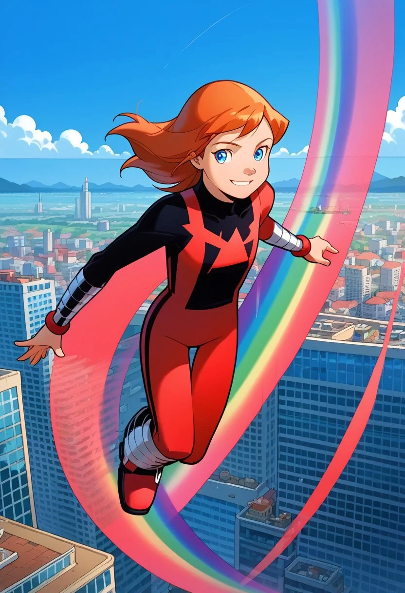 score_8, score_8_up, score_7_up, Julie_PP, red hair, long hair, blue eyes, flat chest, Power Pack uniform, asymmetrical clothes, LS_logo, print bodysuit, red bodysuit, black bodysuit, bracers, metal bracers, metal boots, knee boots, flying, midair, rainbow, smile, full body, motion lines, arms at side, outdoors, cityscape, window, building