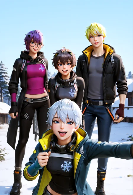 IllustriousQual <lora:StS-Illustrious-Detail-Slider-v1.0:2> <lora:cfg_scale_boost:0.3> <lora:Frosted_Flurry_IL_-_V1:0.8> FrostedFlurryIL, female, white hair, blue eyes, holiday outfit, snowflake-themed, buzz cut, short hair, fingerless glove,detailed_background,outdoors,fulgur ovid,grey hair,absurdres,teeth,uki violeta \(1st costume\),alban knox \(1st costume\),coat,long sleeves,black hoodie,harness,outstretched arm,open clothes,brown hair,multiple boys,4boys,nail polish,jacket,black coat,purple hair,sonny brisko \(1st costume\),mole,open coat,hood,round eyewear