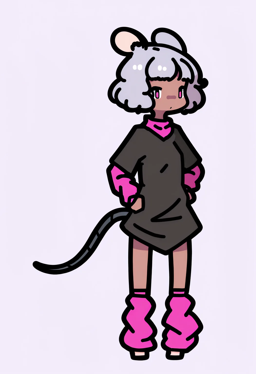 best quality, amazing quality, very aesthetic, absurdres,
1girl, chibi,
short hair, grey hair, pink eyes,
mouse ears, mouse tail,
dark skin,
baggy shirt, bottomless, leg warmers,
hands on hips, standing, full body, solo, looking at viewer, simple background, white background, <lora:RabbitAndSteelIllustriousLocon_byKonan:1>