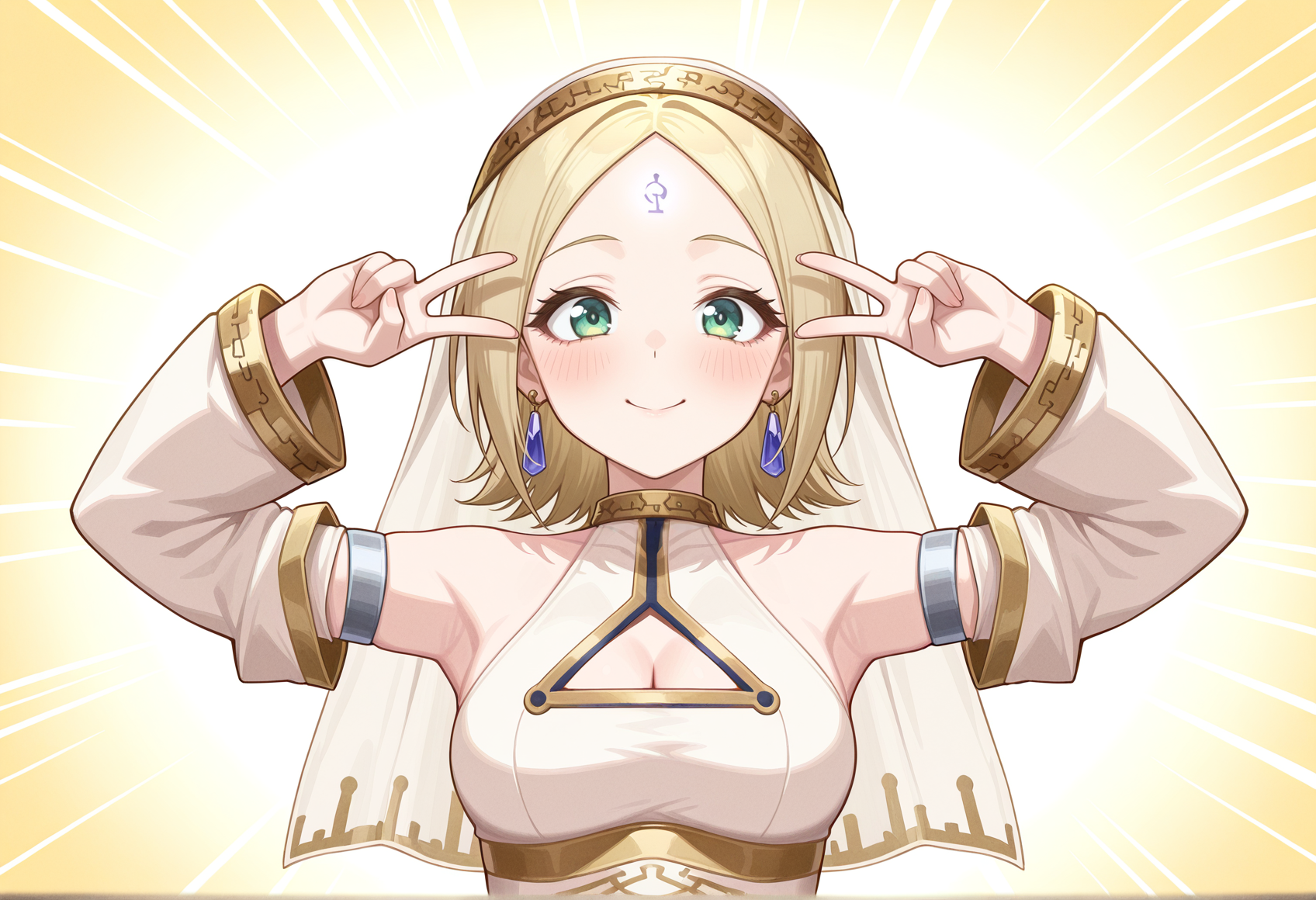 double v, emotional engine - full drive, 1girl, solo, blonde hair, green eyes, short hair, forehead mark, parted bangs, earrings, white dress, bare houlders, detached sleeves, long sleeves, cleavage, veil <lora:fina_arcadia:1>, masterpiece, best quality, amazing quality, very aesthetic, absurdres, highres, newest
