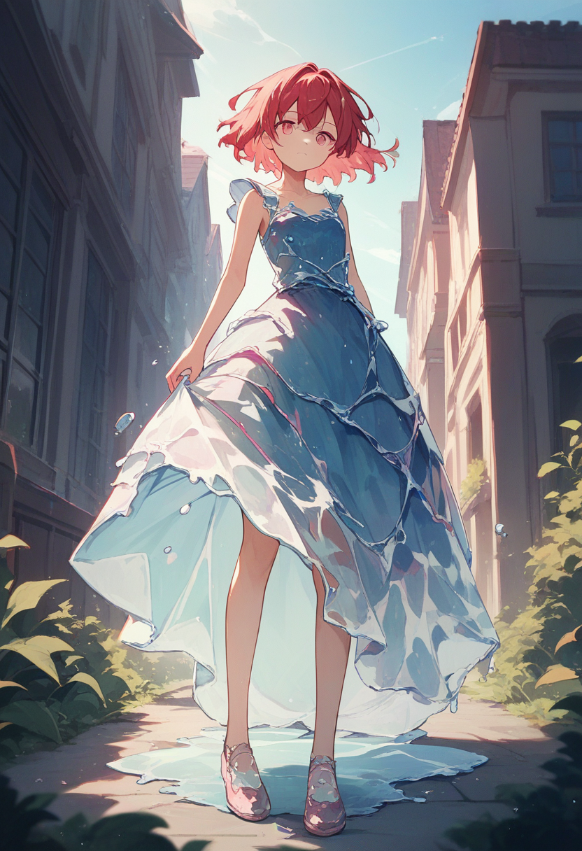 score_9, score_8_up, score_7_up, score_6_up, source_anime, <lora:water_dress_v0.2-pony:1>
1girl, red hair, pink eyes, 
outdoors, liquid dress, blue dress,