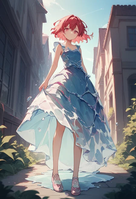 score_9, score_8_up, score_7_up, score_6_up, source_anime, <lora:water_dress_v0.2-pony:1>
1girl, red hair, pink eyes, 
outdoors, liquid dress, blue dress,