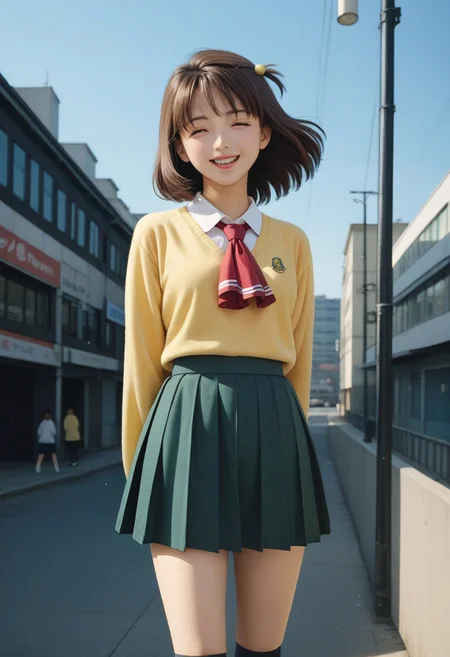 <lora:pony_xl_hitomi:0.8>,hitomi,score_9,score_8_up,score_7_up,source_anime,1girl,hair ornament,school_uniform,yellow sweater,long sleeves,sleeves past wrists,collared_shirt,red ascot,miniskirt,green skirt,black kneehighs,city,day,blue sky,wind,happy,smile,one-eyed wink,standing,arms_behind_back,hair fluttering in the wind,a flickering skirt,cowboy_shot,