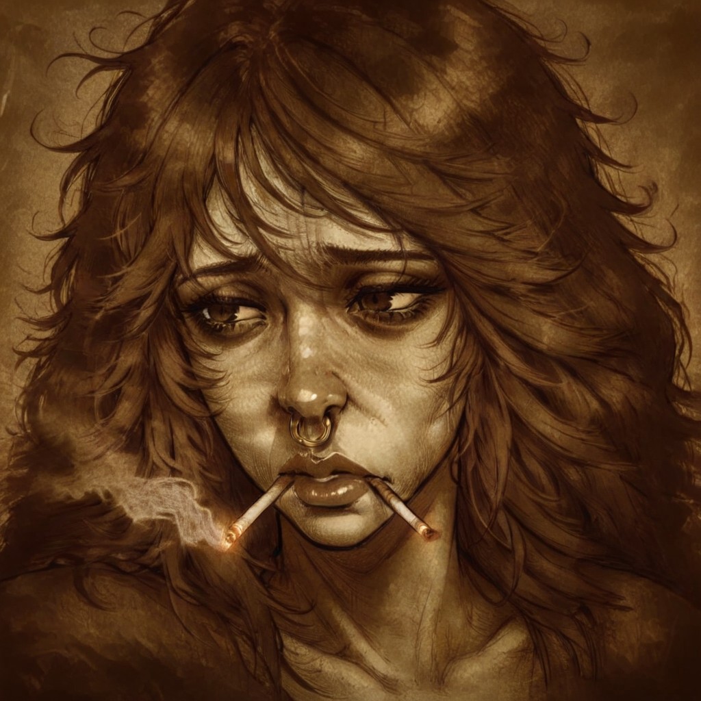 masterpiece, best quality, newest, absurdres, highres, D3CSPS-V1.0, brown theme, sepia, monochrome, 1girl, big lips, sad, looking away, cigarette in her mouth, nose ring, shaggy hair, messy bangs