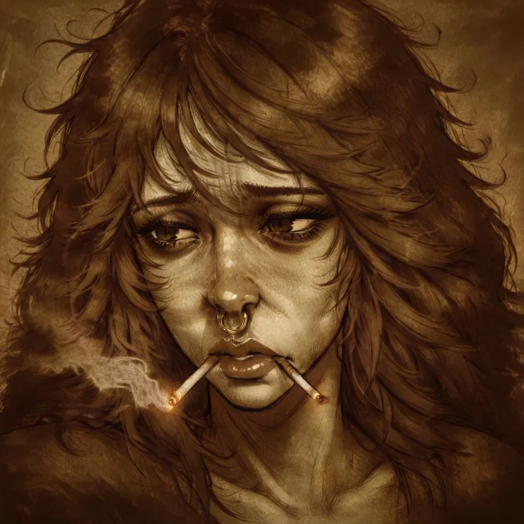 masterpiece, best quality, newest, absurdres, highres, D3CSPS-V1.0, brown theme, sepia, monochrome, 1girl, big lips, sad, looking away, cigarette in her mouth, nose ring, shaggy hair, messy bangs