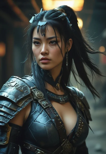 cyberpunk medium portrait of a futuristic female road warrior, cinematic color, photo, looking at the viewer,(realistic photograph), (photorealistic), cosplay, 啎䥃佄䔀Ancient Mongolian costume, beautiful girl, side soft light, long black semi shaved hair, s3m1sh4v3d, Dark environment, black over black, highly detailed, masterful painting in the style of Anders Zorn and Aleksi Briclot, oil on canvas