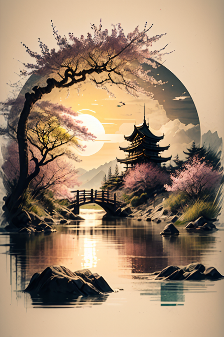 <lora:Calligraphy-ink-style-darquelilly-v1:1> calligraphyinkstyle, sunlight, midday sun, summer, volumetric lighting, sunshine reflected in the water, black background, peaceful atmosphere, detail colour is yellow, a cherry blossom tree, blooming flowers