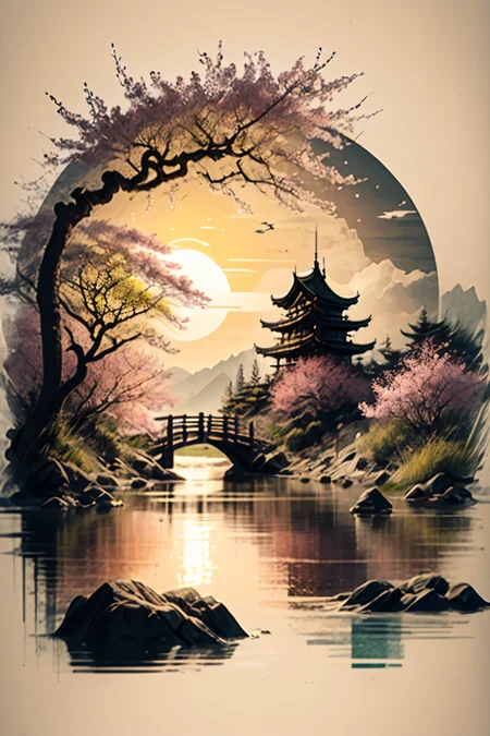 <lora:Calligraphy-ink-style-darquelilly-v1:1> calligraphyinkstyle, sunlight, midday sun, summer, volumetric lighting, sunshine reflected in the water, black background, peaceful atmosphere, detail colour is yellow, a cherry blossom tree, blooming flowers