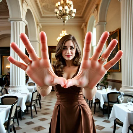 photo of a woman with hyper hands wearing a dress and reaching toward the viewer with her massive hands in a fancy restaurant with classical architecture