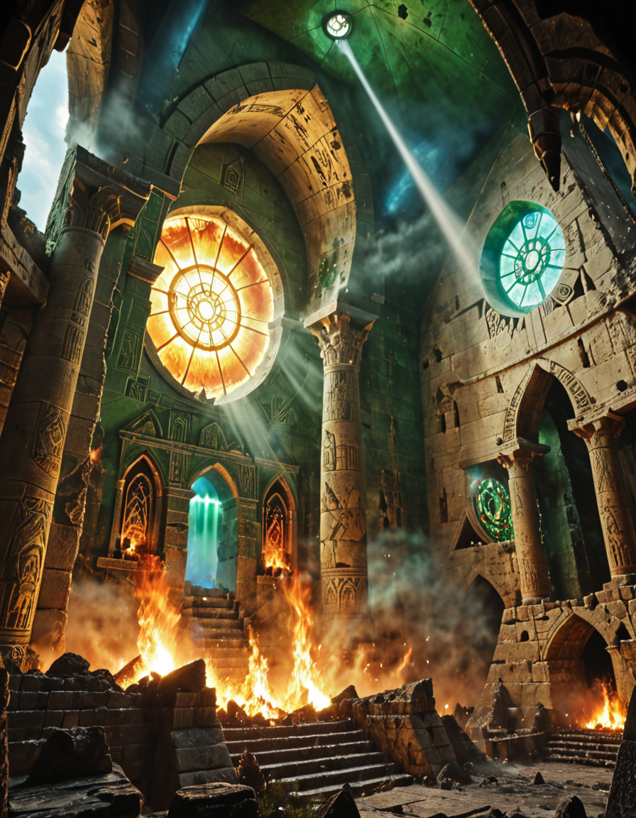 <lora:SW01v1-5xl:1> EFFD02, imagination, epic world, clouds, open jaw, breaking in, halos of light in the darkness of space, fire, EFFY01, epic scale chamber, medieval detailed architecture, detailed wall carvings, occult medieval ceremony, stained glass windows, bokeh, fantasy, T8 trees, green, blue, waves, ruins, T10, motion, spacecraft, cyberpunk city, mist, god rays, sunset, sea, mountain, the pyramids of egypt, ancient greek columns,