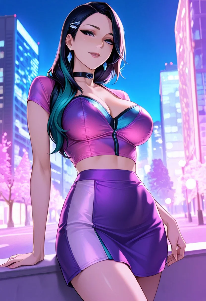 score_9,score_8_up,score_7_up,extremely detailed, sharp focus, HD, cinematic light, 1girl, solo, Mature Women, goddess, elite, rich bitch, seductive, hourglass body, fit body, slim, perfect body, thick but slim,
allout, kasa, short hair, multicolored hair, long hair, hair ornament, earrings, collar,
2p13cE_CFH outfit, crop top, short skirt, low-waisted skirt, purple outfit, pink outfit, gradient outfit,
outside, park, night, dark, walk, streetlights,
happy, relaxed, date,
masterpiece, high score, great score, absurdres, mamaxholic