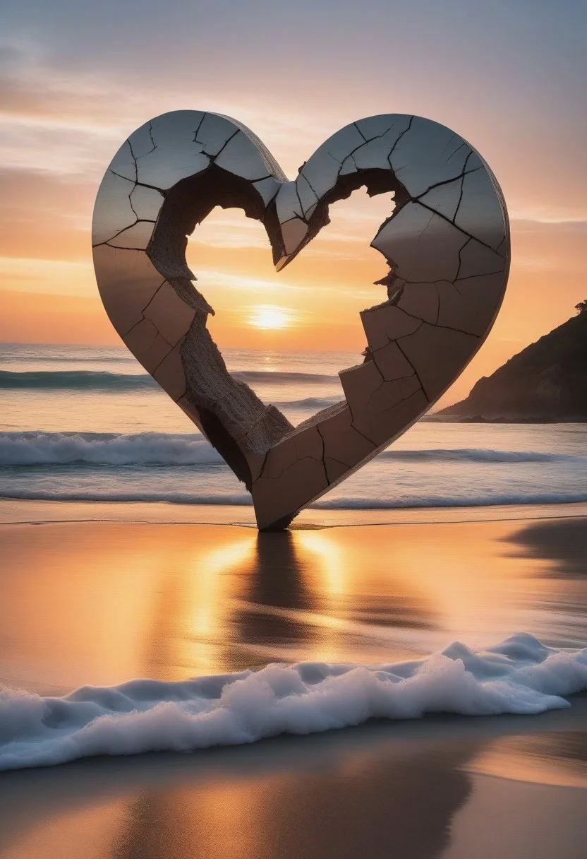 A large cracked heart-shaped object on beach, Waves crashing on top of each other, night, sunset,