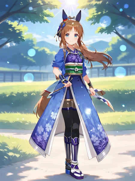 score_9, score_8_up, score_7_up, rating_safe, masterpiece, best quality, absurdres, unity 8k wallpaper, official art, official style, source_anime,
grass wonder \(umamusume\), 1girl, horse ears, horse tail, blue kimono, green obi, looking at viewer, smile, mismatched zouri, black thighhighs, , ponytail, purple shin guards, mismatched tabi, hobf clothes, black ear covers, blue ear ornament, bracer, low back aqua ribbon, purple miniskirt, brown pantyhose under black thighhighs, blue hair ribbon, black tabi, white tabi, purple zouri, blue zouri
motion blur, lens flare,outdoors,
 <lora:pony_grass_wonder_v1.01:1>