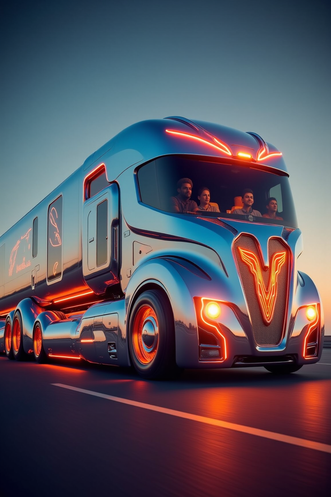 YFG-R1gs, Picture a retro-futuristic, art-deco-inspired semi-truck cruising down the highway at dusk, its chrome accents glowing like embers as it leaves a trail of shimmering, iridescent dust in its wake â passengers inside enjoying the thrill of old-school road trips while sipping cocktails served by hovering robots.