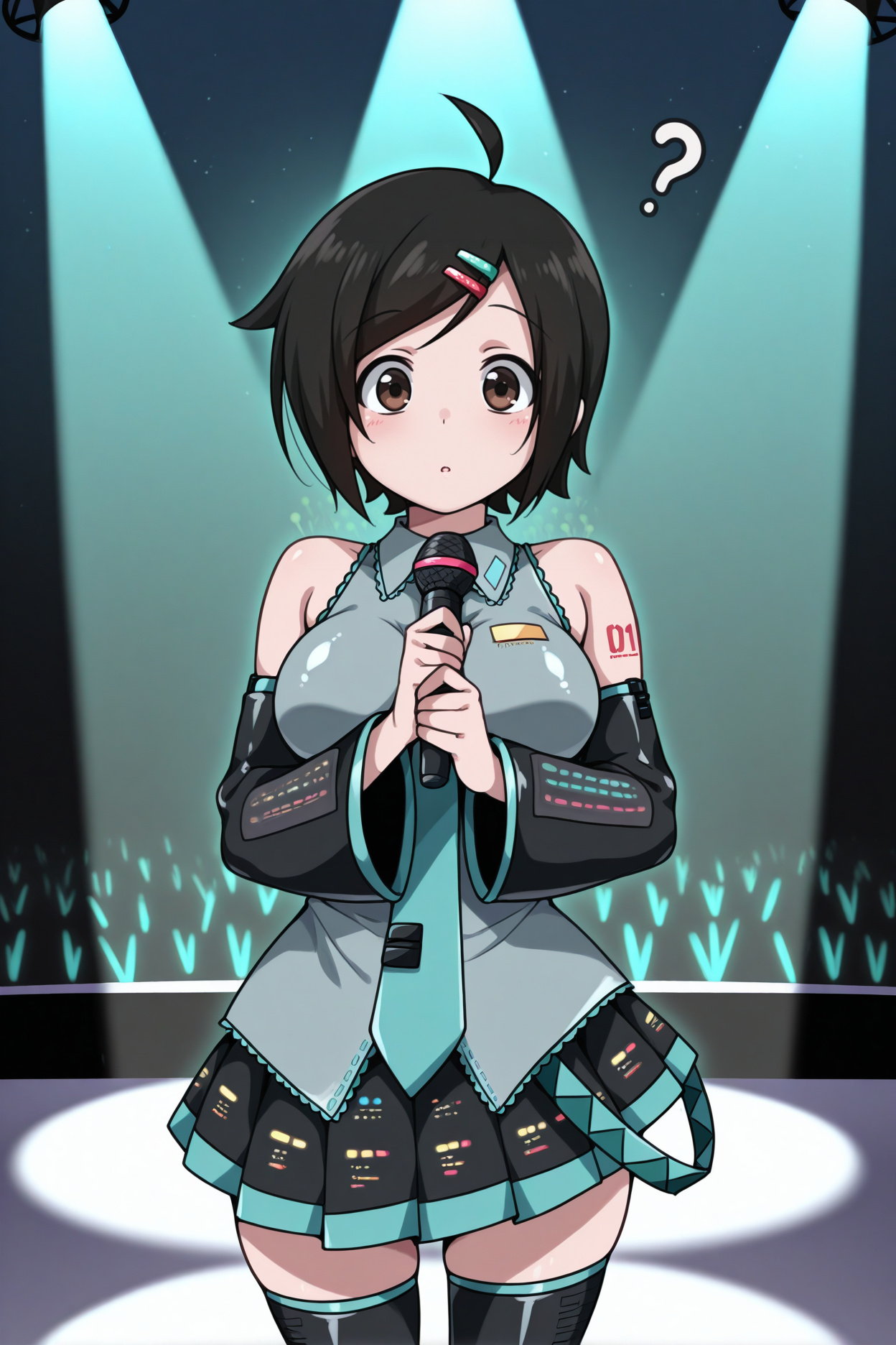 masterpiece, best quality, 1girl, solo, <lora:sakuraitomoko-illu-nvwls-v1-000006:1> sktmko, black hair, short hair, brown eyes, ahoge, hairclip, large breasts, hatsune miku \(cosplay\), holding microphone, stage, spotlight, night sky, looking at viewer, confused