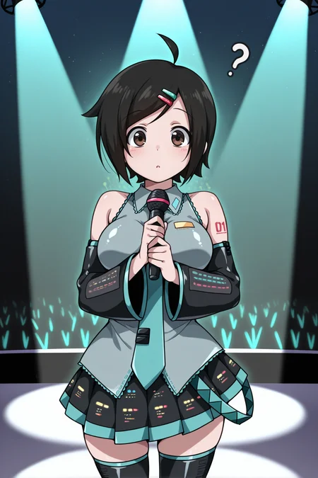masterpiece, best quality, 1girl, solo, <lora:sakuraitomoko-illu-nvwls-v1-000006:1> sktmko, black hair, short hair, brown eyes, ahoge, hairclip, large breasts, hatsune miku \(cosplay\), holding microphone, stage, spotlight, night sky, looking at viewer, confused