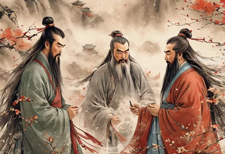 Confucius, Mo Zhai, Laozi, ancient Chinese education, ancient clothing, education, issues, they gathered together to discuss education, high-quality facial details, 4K, high quality, HDR, Unreal Engine