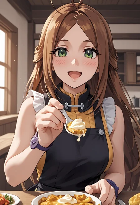 score_4,score_5,score_6,score_7_up,score_8_up,score_9 ((masterpiece,best quality,ultra detailed,highres,HD,4k:1.2)),
1girl, solo,solo focus,girl focus,face focus,
(Normal), very long hair,brown hair,antenna hair,green eyes,large breast,
Apron, sleeveless, exposed arms, exposed shoulders,, frilly aprons,
upper body,
pov,feeding,looking at viewer,feeding, food,incoming food,holding spoon,
looking at viewer,blush,shy,smile,,open mouth,