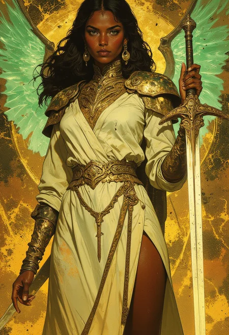 A digital illustration of avant-garde fashion photography in a long shot, featuring a striking African tribal woman radiating an ethereal, otherworldly presence. She wears a flowing, white medieval-inspired robe adorned with intricate golden attachments, each crafted with delicate, ornate patterns reminiscent of regal craftsmanship. The golden shoulder plates curve gracefully over her form, while a waist chain with elegant filigree accents cinches the robe, and a breastplate with mesmerizing, intricate designs enhances her majestic aura. The robe is modest yet imposing, concealing her figure while exuding an air of authority and dignity. Her extremely dark and flawless skin glows with a radiant beauty, accentuated by her long, straight black hair cascading over her shoulders, framing her strikingly confident gaze. Transparent, glowing emerald green wings extend majestically from her back, shimmering with a mystical light that enhances her ethereal presence. In her right hand, she wields a large, ornate sword with a near-white blade etched with golden patterns, its hilt wrapped in shimmering golden cords. The backdrop is hard-polished gold with high-intensity fractal noise, its dynamic texture contrasting with the luminous emerald green of her wings and the intricate details of her attire. HD, ultra-detailed, 8K quality, masterpiece artwork.