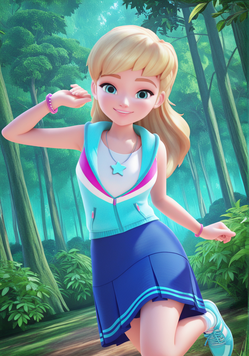 handsfree, masterpiece, best quality, amazing quality, very aesthetic, 1girl, looking at viewer, smile, dynamic pose, outdoors, forest, dynamic angle, 3d,
stephanie_illus, blue eyes, long hair, blonde hair, blue skirt, shirt, sleeveless hoodie, necklace, bracelet, socks, blue shoes, sneakers
 <lora:Stephanie_-_Lego_Friends__Girls_on_a_Mission_illustrious:1>