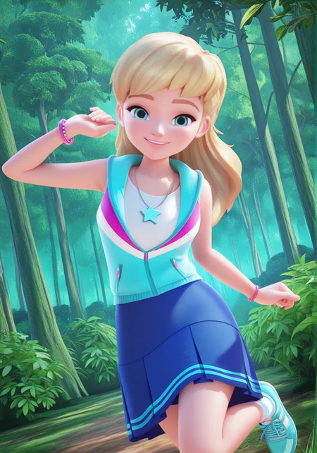 handsfree, masterpiece, best quality, amazing quality, very aesthetic, 1girl, looking at viewer, smile, dynamic pose, outdoors, forest, dynamic angle, 3d,
stephanie_illus, blue eyes, long hair, blonde hair, blue skirt, shirt, sleeveless hoodie, necklace, bracelet, socks, blue shoes, sneakers
<lora:Stephanie_-_Lego_Friends__Girls_on_a_Mission_illustrious:1>