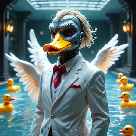 Duck cyborg, red feather wings,DuckiferXL, ais-rbts, green head, happy, cute,synthetic components, formally dressed,