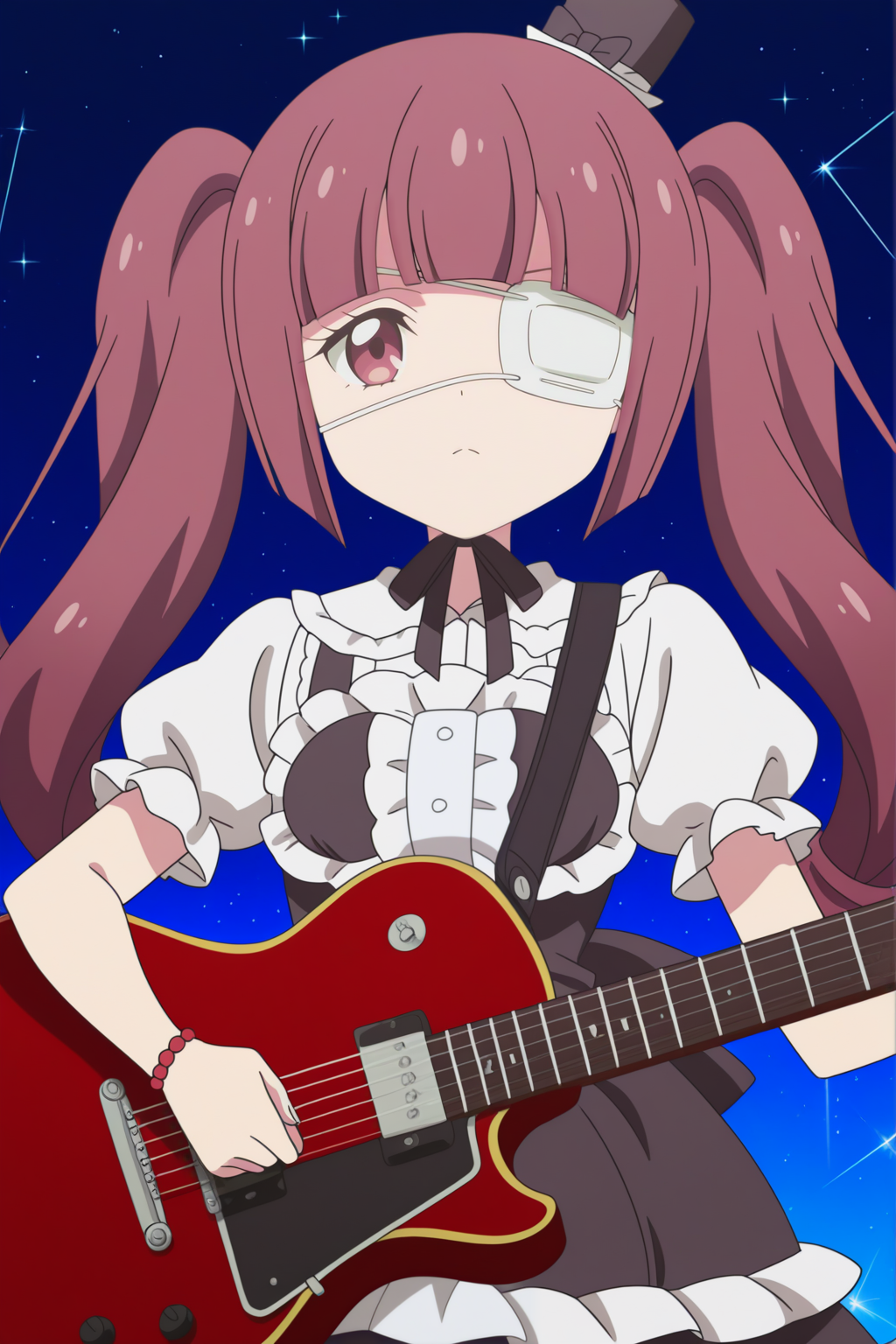 anime coloring, masterpiece, newest, Yurine Hanazono, medical_eyepatch, hat, guitar, upper body <lora:Jashin-chan_Dropkick_-_Yurine_Hanazono_-_illustrious:0.8>