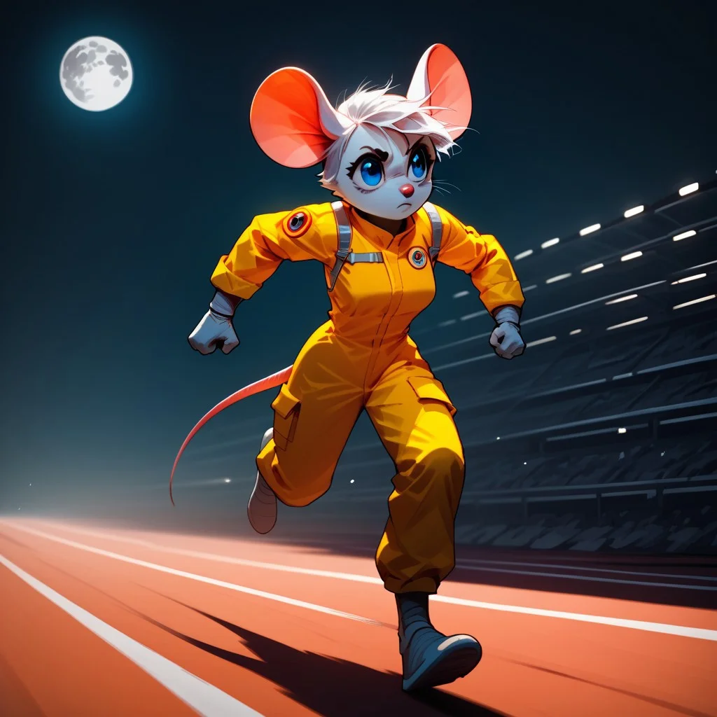 score_9, score_8_up, score_7_up, anime style, anthro mouse, B3ck13M0us3, solo, hazmat suit, frightened, Running, moon, dark lighting, Straight on, full shot,