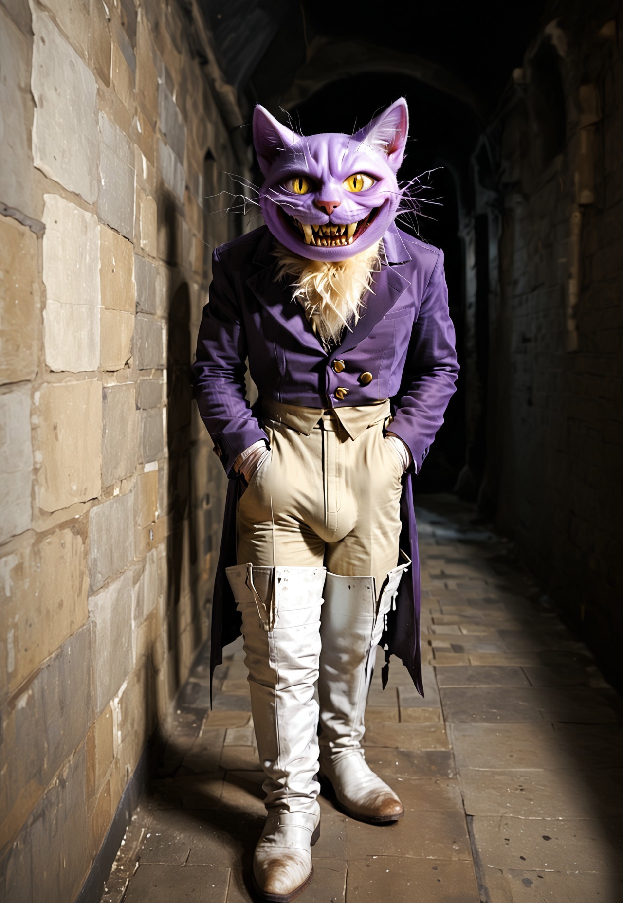 embedding:urn:air:sd1:embedding:civitai:222256@250708, score_9,score_8_up,score_7_up, best quality, 1boy, solo, PocketCat, smile, sharph teeth, purple blazer, trousers, crotch bulge, white boots, white gloves, cowboy shot, leaning on wall, yellow eyes, in dungeon, male focus, hand in pocket, (interior, dark dungeon:1.3), photorealistic, RAW, realistic dark environment, creepy vibes, evil, menacing, 