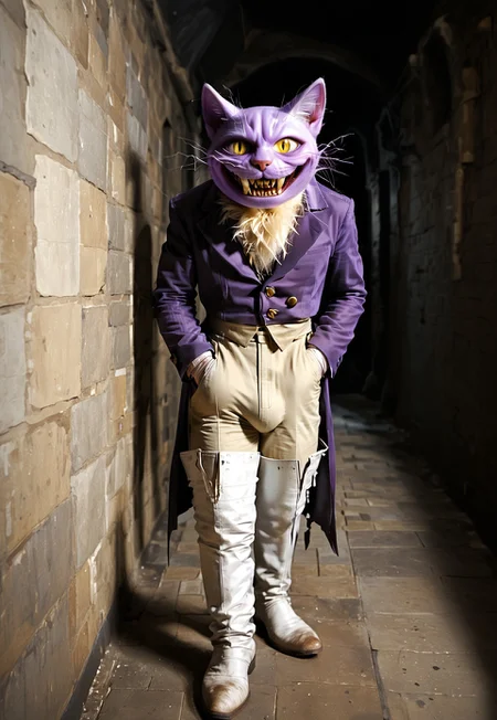 embedding:urn:air:sd1:embedding:civitai:222256@250708, score_9,score_8_up,score_7_up, best quality, 1boy, solo, PocketCat, smile, sharph teeth, purple blazer, trousers, crotch bulge, white boots, white gloves, cowboy shot, leaning on wall, yellow eyes, in dungeon, male focus, hand in pocket, (interior, dark dungeon:1.3), photorealistic, RAW, realistic dark environment, creepy vibes, evil, menacing,