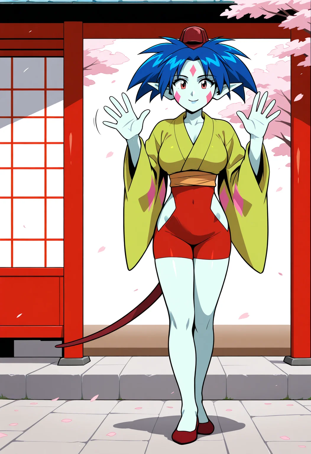 ponko, 1girl, solo, breasts, short hair, long sleeves, blue hair, green japanese clothes, pointy ears, wide sleeves, colored skin, clothing cutout, tail, facial mark, red footwear, red headwear,  red eyes, 1990s, retro artstyle
BREAK
Standing,  waving, smile
BREAK
outside, shrine, cherry blossoms 
BREAK
masterpiece,best quality,absurdres,very aesthetic,perspective, <lora:ponko_IL_Lora_v1:1>  <lora:StS_Age_Slider_Illustrious_v1:2>