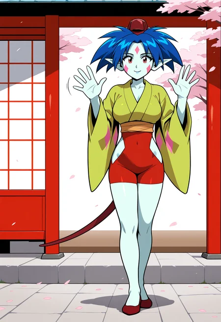 ponko, 1girl, solo, breasts, short hair, long sleeves, blue hair, green japanese clothes, pointy ears, wide sleeves, colored skin, clothing cutout, tail, facial mark, red footwear, red headwear, red eyes, 1990s, retro artstyle
BREAK
Standing, waving, smile
BREAK
outside, shrine, cherry blossoms
BREAK
masterpiece,best quality,absurdres,very aesthetic,perspective, <lora:ponko_IL_Lora_v1:1> <lora:StS_Age_Slider_Illustrious_v1:2>