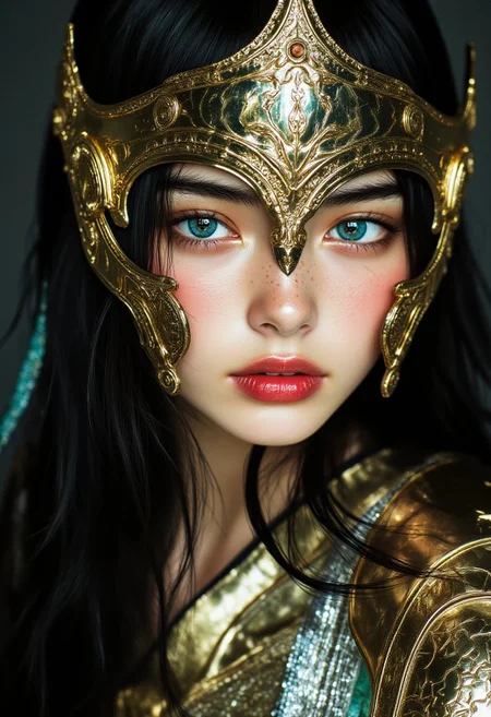midjourney_whisper_innocent_eyes, ArsWorldOfLight, extreme closeup side portrait of stunning,female japanese fantasy knight wearing a greek bronze age full-face helmet, long hair, bronze breastplate, green eyes, turquoise eyeshadow, red lips, made of light