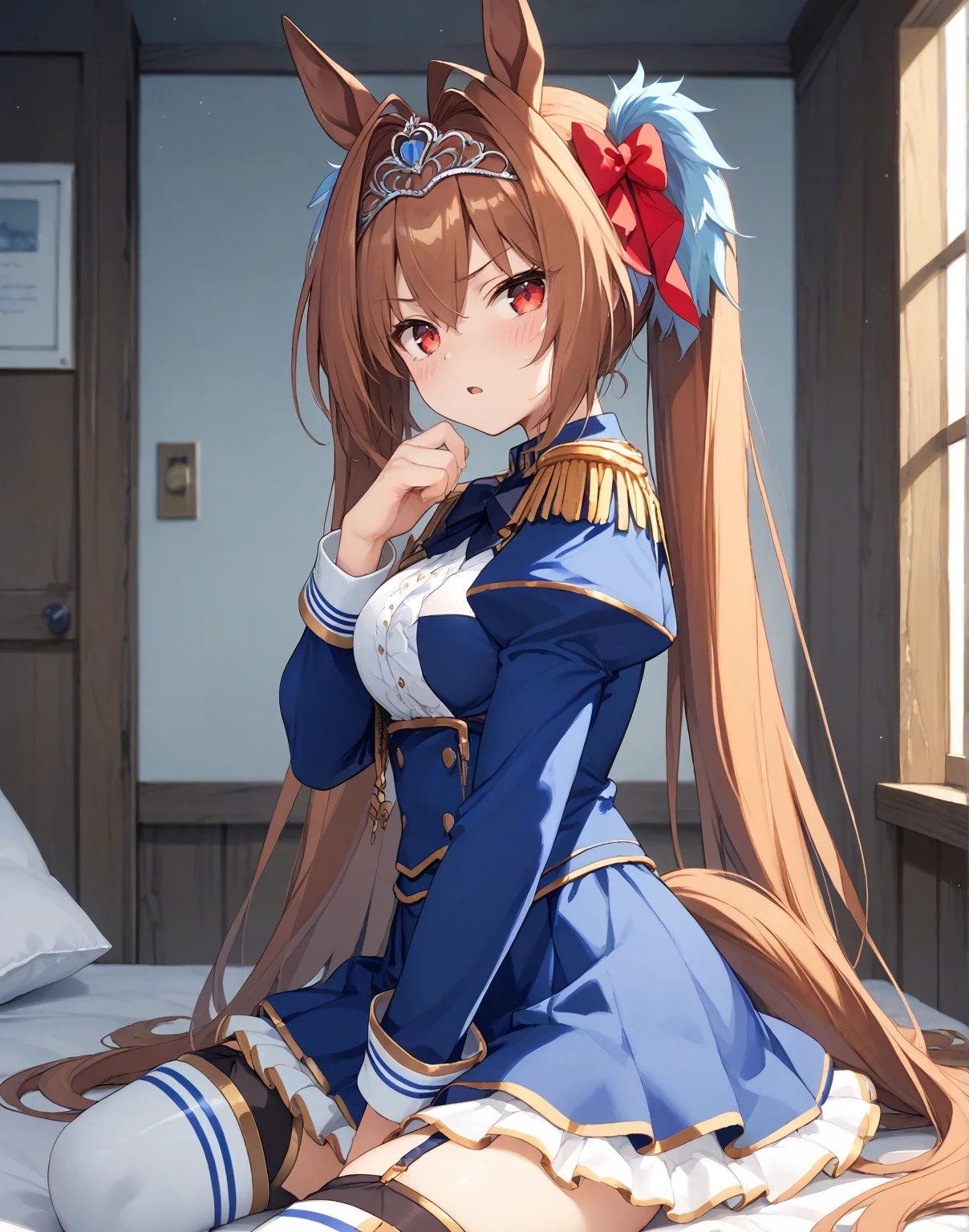 score_9, score_8_up, score_7_up, official art, masterpiece, high quality, megami magazine, official style, game cg, 1girl, (looking at viewer:1.4), (open mouth:1.0), , bored, blush, sit astride, from behind, ,
Dasuka,horse tail, horse ears, brown hair, very long hair, bow, hair intakes, red eyes, <lora:Dasuka-ponyXL:1>,
Dasuka_Race, twintails, epaulettes, skirt, long sleeves, tiara, garter straps, thighhighs, ,
,