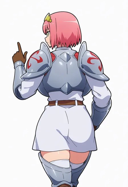 Smooth Quality,masterpiece,very intricate, high quality details, ultra realistic, high detailed skin,detailed enviorement,absurdres,
pointing up,solo,
 <lora:Nohkins_Hanabata_CNR:0.8> nohkins_cnr, green eyes, pink hair, short hair, huge breasts, 
nohkins_armor1_cnr, armor, breastplate, shoulder armor,gauntlets, armored boots, greaves, belt, long sleeves, dress,white thighhighs, thigh boots,brown gloves,tiara, hairband,, simple background, white background, from behind,
walking, one hand in pocket, looking aside, casual, confident,  ,, :<,