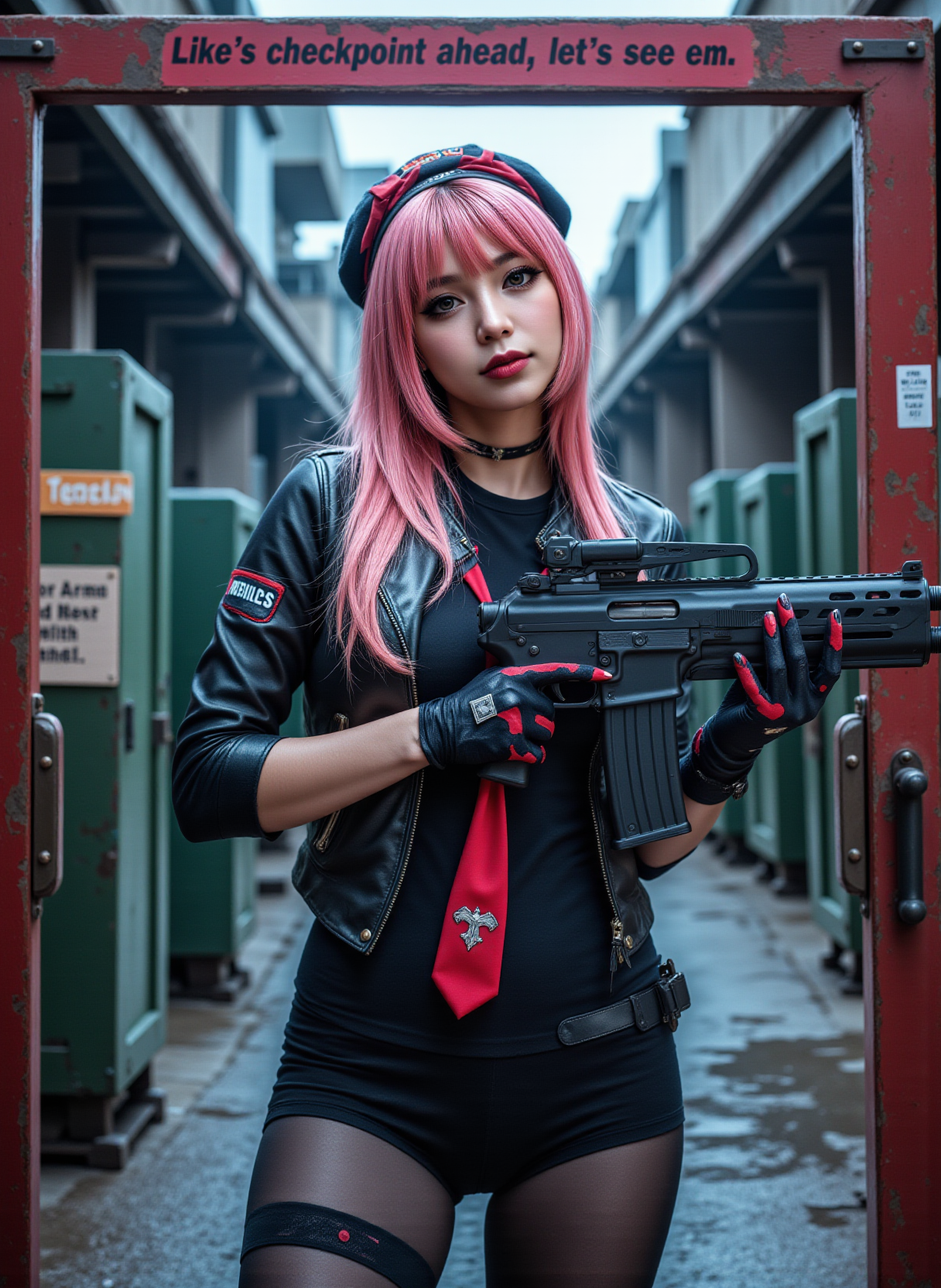 full body view, photoshoot poses, dynamic angles, multiple angles, photoshoot poses; a photo of Rui_WT in a futuristic style, with a red ribbon in her hair, pink hair,holding a gun in her hand, and wearing a black hat. She is standing at a heavily guarded military checkpoint, The sign on the gate reads "Like's checkpoint ahead, let's see em", with a gun in her hand, and her outfit includes a black hat, a black jacket, and black boots. daytime,  The scene is set in a gritty well lit environment, with a sense of action and adventure. Style: realistic hyper-detailed rendering, 32k UHD, expressive eyes, punk, graphic design, girl's face, pretty and cute, gleaming lips, telling a tale of adventure. Exuding confidence and serenity. The overall mood of the image is happy and relaxed,detailed skin texture,(blush:0.2),(goosebumps:0.3),subsurface scattering,with a playful and whimsical tone, aidmafluxpro1.1, aidmarealisticskin, detailed hand, perfect hands, 