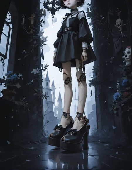score_9, score_8_up, score_7_up, score_6_up, score_5_up, score_4_up,
1girl, goth, black dress, black hair, 
doll, ball joints, long legs, expressionless, empty eyes, white eyes,
dangling arms, dangling legs, hanging from waist,
indoors, school, 
(from below), (from side:1.25), foot focus,
(wide angle:1.2), (fisheye lens:1.5), (foreshortening:1.3),
night, dark, dark background, Low-key lighting,
light particles,
(r3w1nd heels:1.2), (platform footwear:1.2),
dontstarvestyle, blank eyes,
embedding:zPDXL2 ,