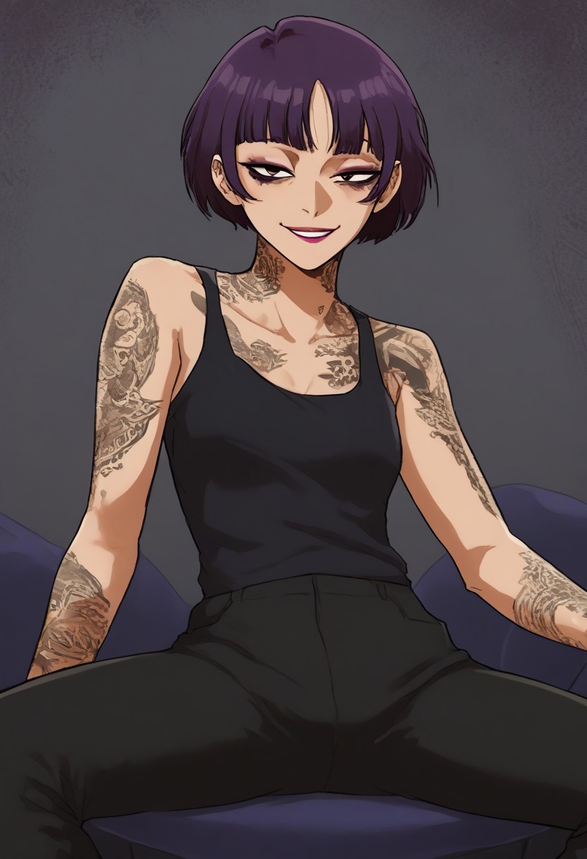 score_9, score_8_up, score_7_up, Expressiveh, source_anime, masterpiece, score_9, score_8_up, score_7_up 1girl, solo, mayabl2, tattoo, makeup, lipstick, half closed eyes, looking at the viewer, (cowboy shot:1.3), (asian, japanese idol:1.3), very short hair, yakuza tattoo, irezumi, (black undersized tank top:1.3), (black oversized pants:1.3), visible ombligo, thin waist,perfect eyes, symetric eyes, half closed eyes, dark bags under eyes, bags under eyes, slim, slender, ripped body, symetric eyes, looking at the viewer, (very short hair:1.3), morena, sitting, spread legs, evil smile, pretty face, perfect face, (black skin:0.5)