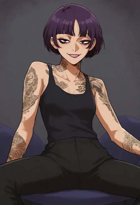 score_9, score_8_up, score_7_up, Expressiveh, source_anime, masterpiece, score_9, score_8_up, score_7_up 1girl, solo, mayabl2, tattoo, makeup, lipstick, half closed eyes, looking at the viewer, (cowboy shot:1.3), (asian, japanese idol:1.3), very short hair, yakuza tattoo, irezumi, (black undersized tank top:1.3), (black oversized pants:1.3), visible ombligo, thin waist,perfect eyes, symetric eyes, half closed eyes, dark bags under eyes, bags under eyes, slim, slender, ripped body, symetric eyes, looking at the viewer, (very short hair:1.3), morena, sitting, spread legs, evil smile, pretty face, perfect face, (black skin:0.5)