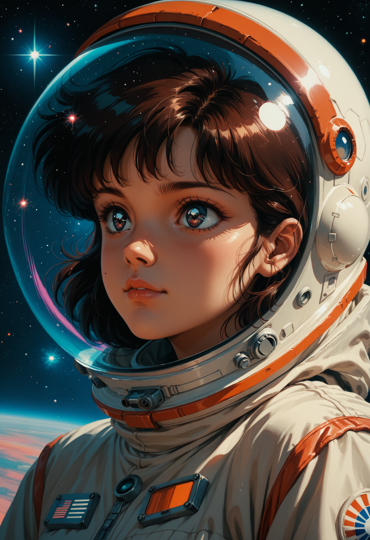 score_9, score_8_up, score_7_up, score_6_up, score_5_up, modernretroanime, anime, 1girl, solo, Colorful , space, black hole, high energy, retro charme, space helmet, close up, reflection, glass